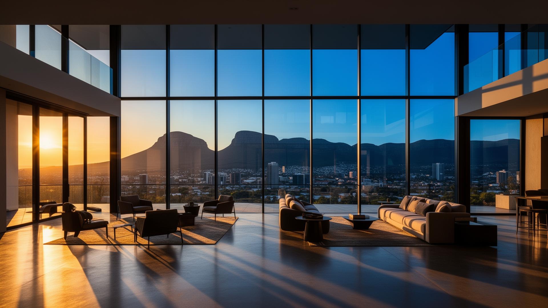 Modern interior with solar control window film overlooking a city skyline